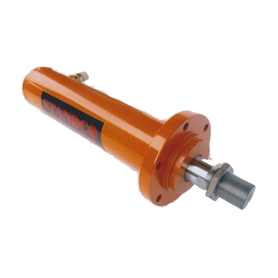 An orange hydraulic cylinder showcases its vibrant color and sturdy construction.