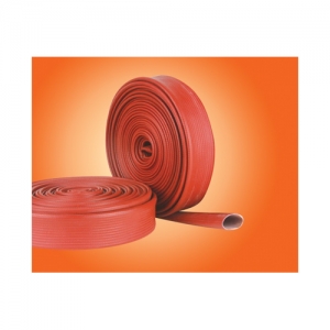 A close-up of a red PVC fire hose, showing its durable construction.