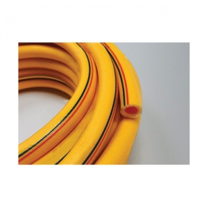 The PVC Yellow Spray Hose, a durable and flexible solution for various applications, is depicted in the image, showcasing its vibrant yellow color and robust construction.
