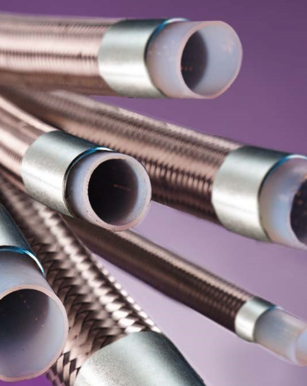 The image features a PTFE Smooth Bore Hose with a stainless steel braid for enhanced strength and chemical resistance.